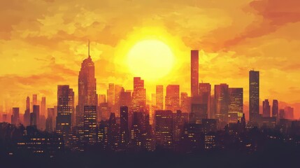 A glowing sun setting behind the silhouette of a city skyline, painting the sky in golden hues.