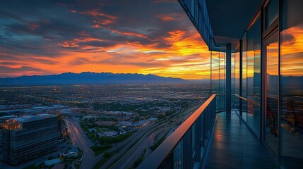 高層ビルから望む朝焼けの都市風景
