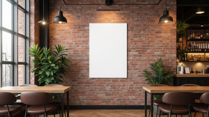 cozy cafe interior featuring brick wall, empty canvas, and wooden tables. warm atmosphere invites relaxation and creativity