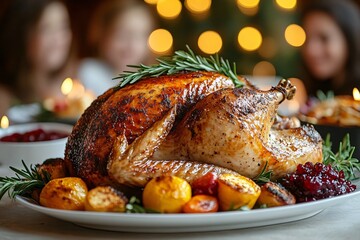 A beautifully roasted turkey garnished with herbs on a festive dining table, ideal for Thanksgiving or holiday gatherings, evoking warmth and togetherness.
