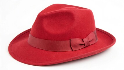 red fedora hat with ribbon isolated on white background