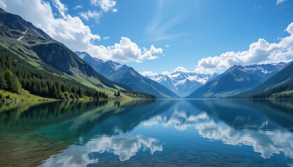 Fototapeta premium Serene Alpine Lake Mirror Reflection of Sky and Majestic Mountains
