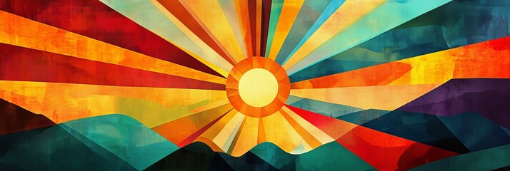 Colorful abstract painting of a sunburst over mountains.