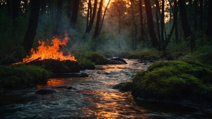 Fire blazes on right bank of serene forest stream at dusk, casting warm glow on moss-covered rocks. Stream meanders through dense foliage, reflecting fading sunlight.