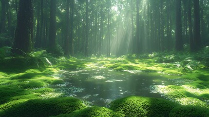 Obraz premium Sunlit Forest Sanctuary: Sunlight streams through a dense forest canopy, illuminating a verdant expanse of moss-covered ground and small pools, creating a serene, ethereal ambiance.