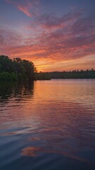 Fototapeta premium Lake reflects vibrant hues of sunset, with gradient of colors from warm orange to cool blue painting sky. Tranquil water mirrors fiery clouds above, creating symmetrical composition that both calming.