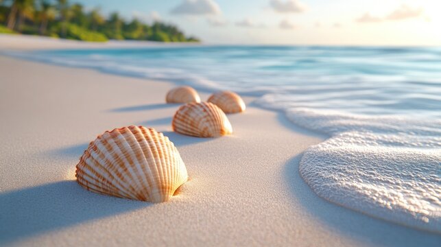 Seashells on a tropical beach at sunrise
