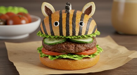 Unique zebra-themed burger served on a wooden table with fresh ingredients and a refreshing beverage nearby