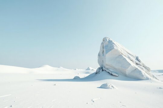 An isolated rock formation amidst a barren white terrain, quiet, solitude, emptiness