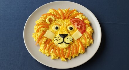 Creative lion-shaped omelet served on a white plate with colorful vegetables, showcasing culinary artistry