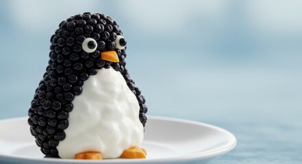 Cute dessert shaped like a penguin made of chocolate, cream, and candy sits on a white plate against a blurred blue background