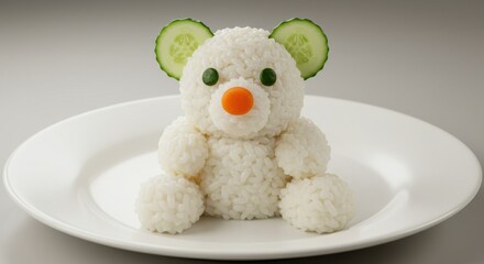 Creative bear-shaped rice dish with cucumber ears and orange nose served on a white plate