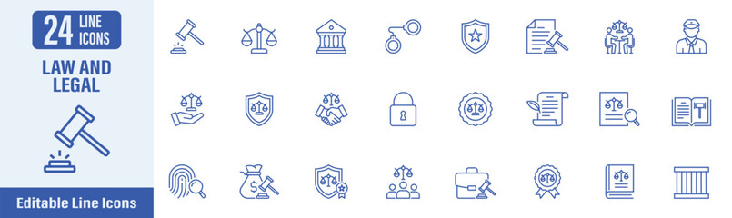 Law and Legal line icon set. Contains icons as law, justice, legal, court, judge, criminal and more. Vector illustration.