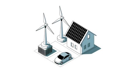 Isometric Illustration of Renewable Energy Sources and Eco-Friendly Living Concept