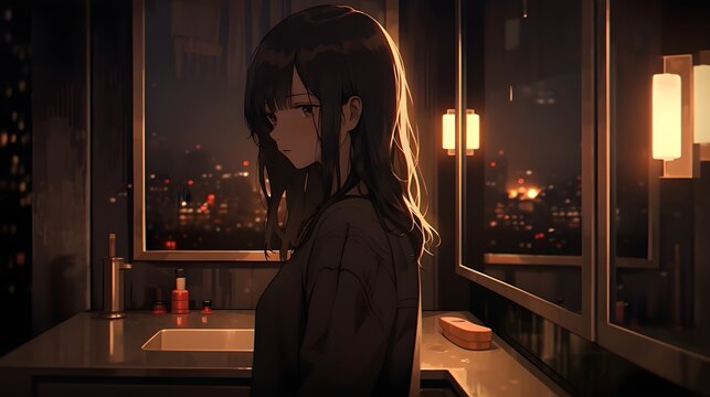 Stunning Night Cityscape Wallpaper Anime Melancholic Girl Silhouette in Bathroom