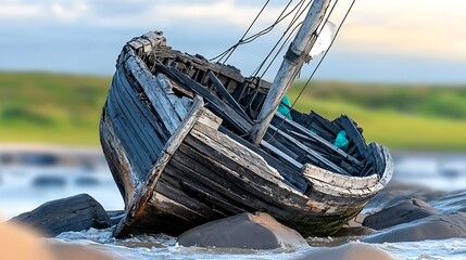 Abandoned wooden boat stranded on rocky shore, with lush green hills and cloudy sky in background