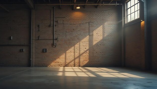 Empty Brick Warehouse Interior with Window Light Shining on Concrete Floor