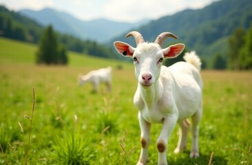 White goats graze in a green meadow, walk in the fresh air and graze grass. Production of goat's milk. Farming