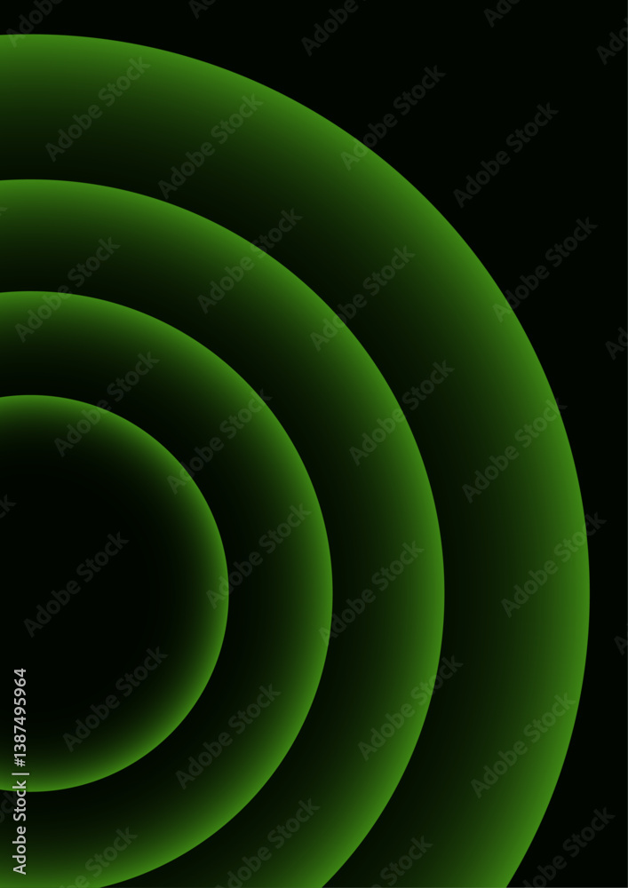 Poster abstract hypnotic rhythm of light and shadow with vibrant green concentric circles emerge from the d