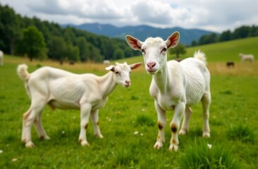 White goats graze in a green meadow, walk in the fresh air and graze the grass. The goat looks into the frame. Production of goat's milk. Agricultural industry
