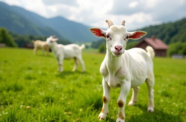 Obraz premium White goats graze in a green meadow, walk in the fresh air and graze the grass. The goat looks into the frame. Production of goat's milk. Agricultural industry