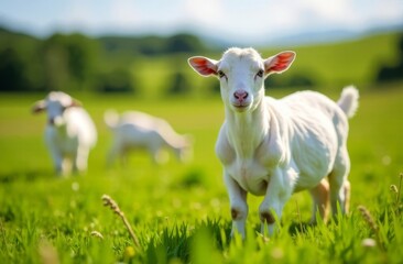 White goats graze in a green meadow, walk in the fresh air and graze the grass. The goat looks into the frame. Production of goat's milk. Agricultural industry