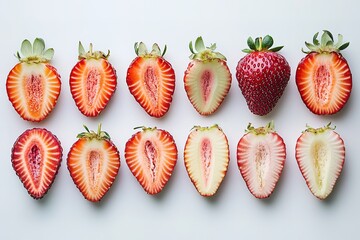 Line of Strawberry Halves with Seeds and One Whole Strawberry on White Background