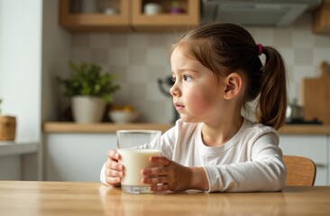 A little girl looks away, holding a glass glass with goat's or cow's milk in her hands, and sits in the kitchen. The child drinks milk. The concept of proper healthy nutrition