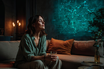 Obraz premium Relaxed Woman Sitting on Sofa with Star Map Projection on Wall