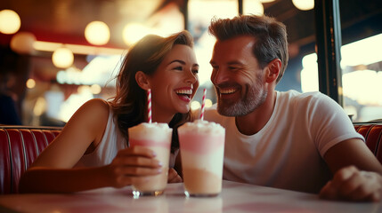 Couple enjoying milkshakes at retro diner during an evening date in America