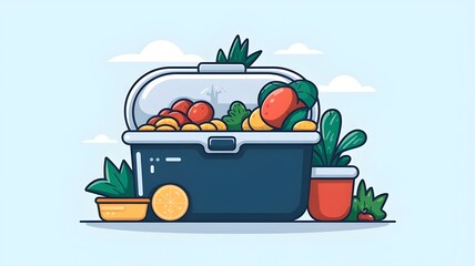 Isometric Illustration of Picnic Cooler with Fruits and Drinks on Blue Background
