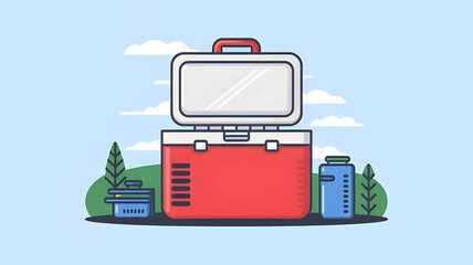 Isometric Illustration of Picnic Cooler with Fruits and Drinks on Blue Background
