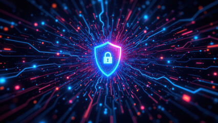 A vivid depiction of digital security, featuring a central lock icon amidst swirling cybernetic patterns, symbolizing cybersecurity and protection.