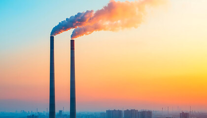 vibrant illustration of carbon cycle with smokestacks at sunset