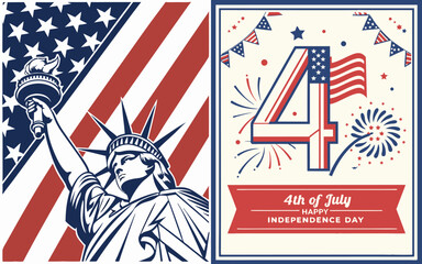 4th of July. US Independence Day. Vector illustration of American flag, star, objects, Statue of Liberty, symbol, sign, ribbon icon for greeting card, poster, banner, background or invitation. © MDMASUD