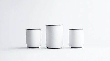 Three white cylindrical mugs with dark gray rims are arranged in a row against a white background. The central mug is largest, flanked by smaller identical mugs. The image is clean, minimalist, and w