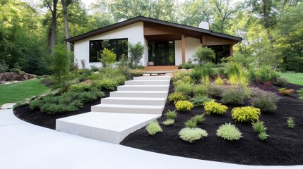 Fototapeta premium A modern, white house with a low-pitched roof and large windows is the focal point. Landscaped stairs lead to the entrance, framed by lush, meticulously arranged greenery. The image is high-quality,
