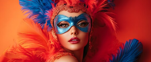 Obraz premium Closeup of a beautiful woman with a carnival mask decorated with shiny multi-colored feathers, she is getting ready for a festive celebration and she looks very beautiful.