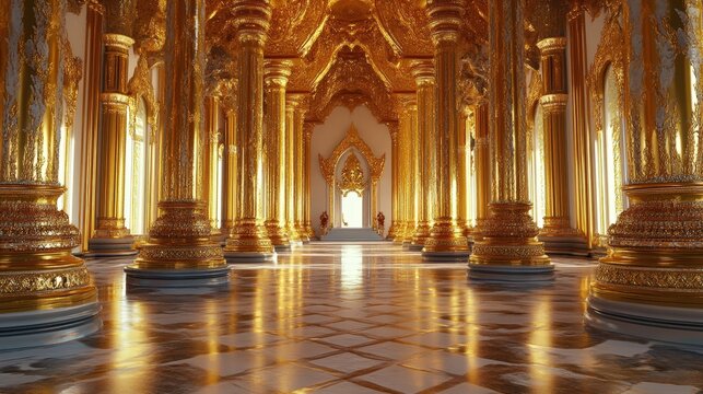 palace with golden pillars and intricate carvings, reflecting opulence and royalty.