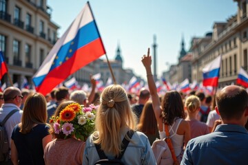 A group of people celebrating Victory in Europe Day with flags and flowers. The background shows a sunny city square adorned with banners and historical monuments