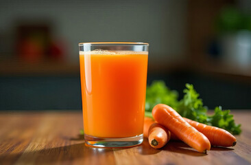 A glass of carrot juice on the kitchen table, the concept of proper nutrition
