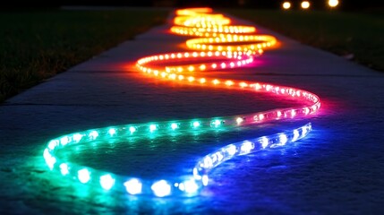 Rainbow LED Path Lights at Night.
