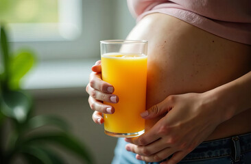 A pregnant woman holds a glass of orange juice in her hand
