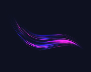 Glowing purple lines. Neon realistic energy speed. Abstract light effect on a black background. Vector illustration.