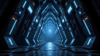Futuristic cybersecurity tunnel with advanced technology and digital grid.