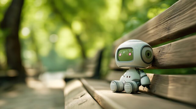 Cute robot sitting alone on park bench in summer light