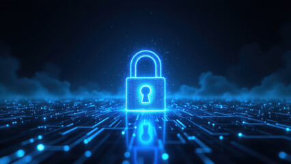 A vibrant blue keylock graphic with cybernetic elements signifying secure data encryption on a digital network background.