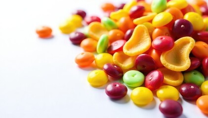 Pile of colorful candy, chips, and soda on white , crispy, colorful, food photography