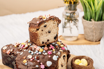 Colomba is a traditional Italian Easter cake, Colomba pasquale, colomba di Pasqua, an analogue of panettone and pandoro. Colomba in section with chocolate drops on a light background, flowers nearby.