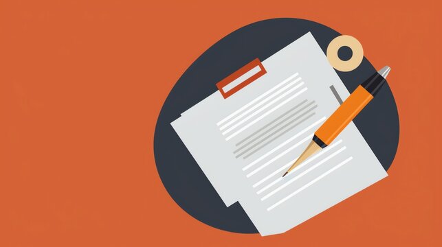 A flat lay vector illustration depicts papers, pen, and eraser implying writing documents or note taking. Ideal for business, education, or creativity themed projects.